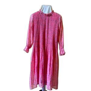 Floral Print Pleated Ruffle Midi Prairie Dress Pink Size XS S